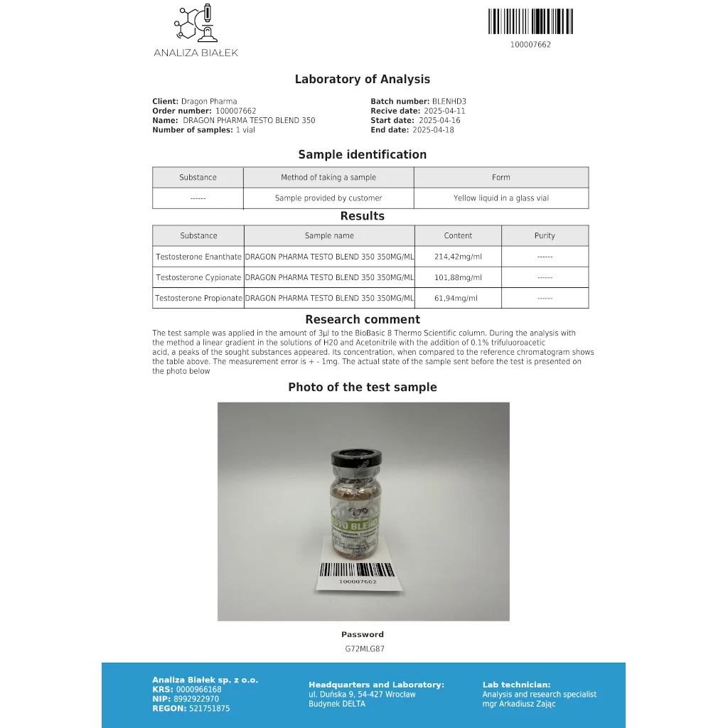 Testo Blend 350 mg - Testosterone Enanthate,Testosterone Cypionate,Testosterone Propionate by Dragon Pharma, Europe