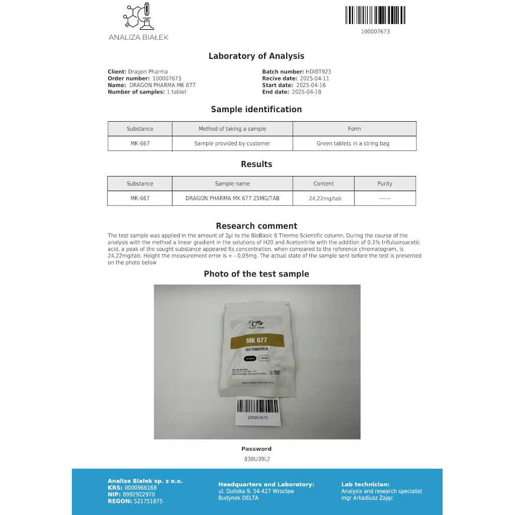 MK 677 - Ibutamoren by Dragon Pharma, Europe