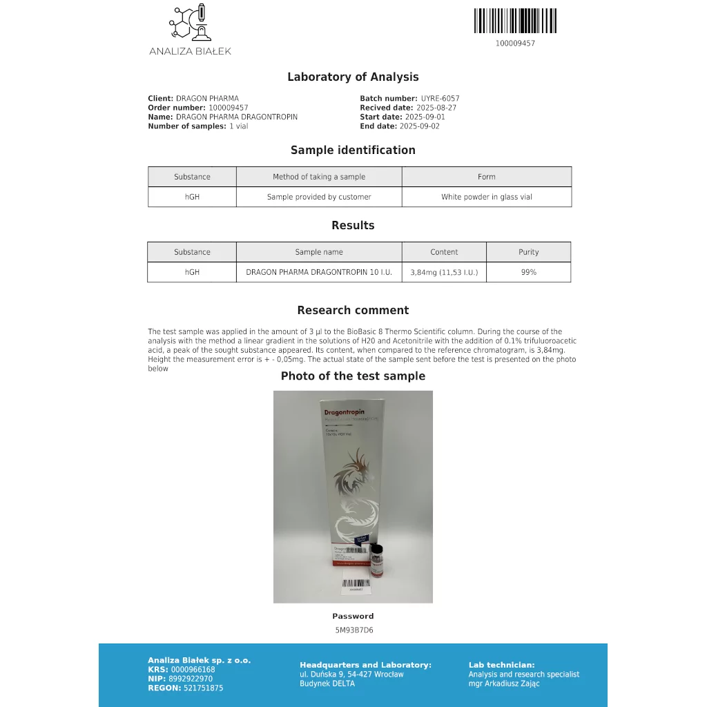 Dragontropin HGH 100 IU - Human Growth Hormone by Dragon Pharma, Europe