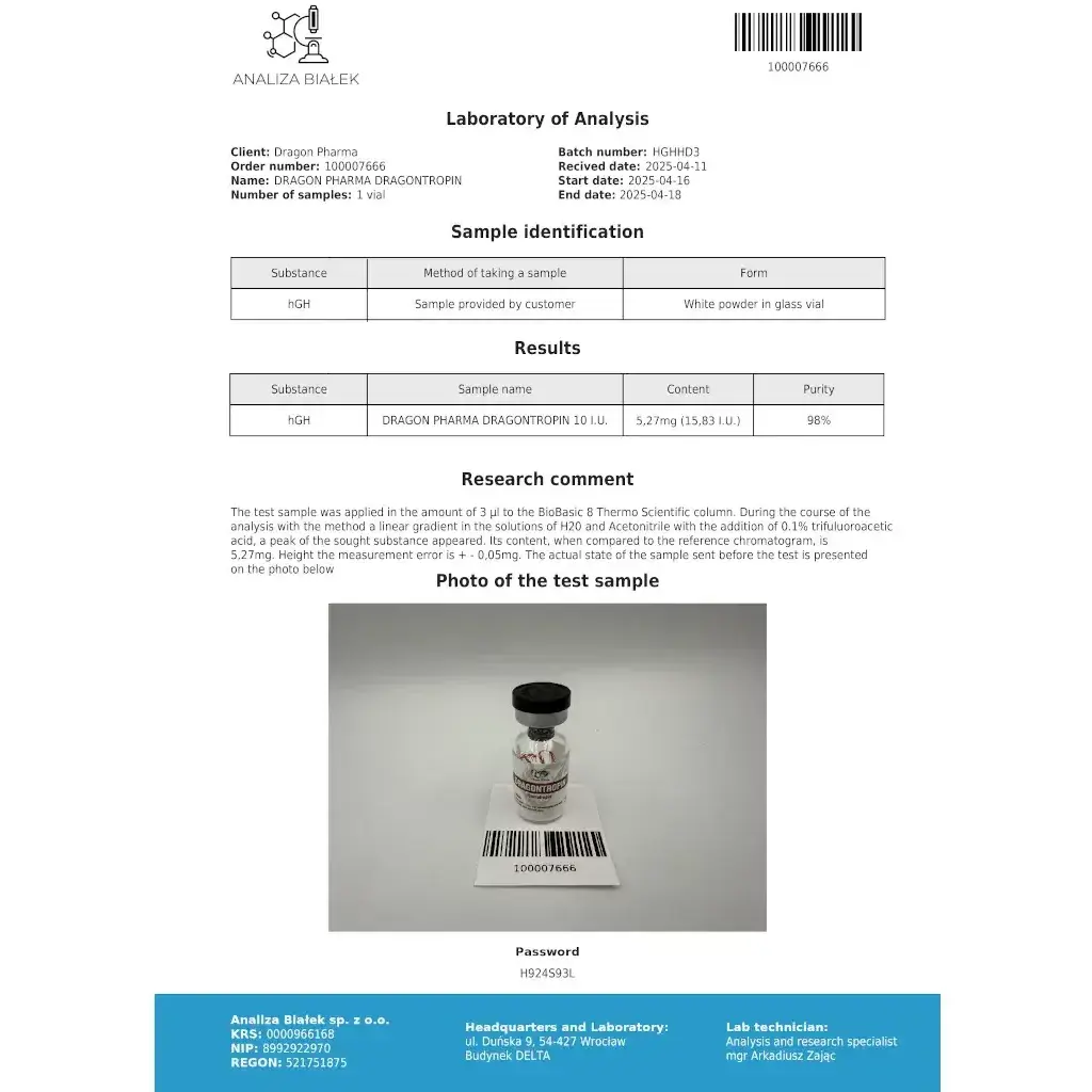 Dragontropin HGH 100 IU - Human Growth Hormone by Dragon Pharma, Europe Dragontropin HGH 100 IU - Human Growth Hormone by Dragon Pharma, Europe