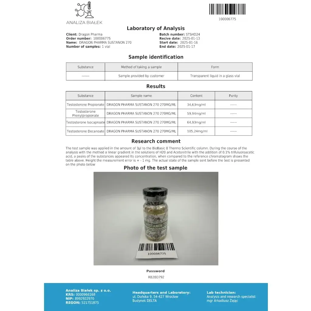Sustanon 270 mg - Testosterone Acetate,Testosterone Propionate,Testosterone PhenylPropionate,Testosterone Isocaproate,Testosterone Decanoate by Dragon Pharma, Europe